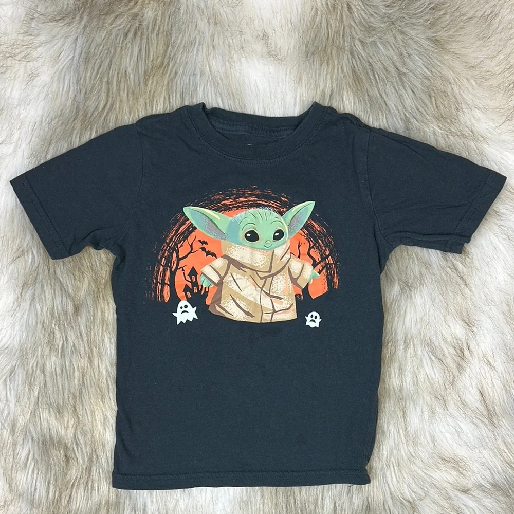 Star Wars Grogu Baby Yoda Halloween Graphic T-Shirt Black Kids Size 5